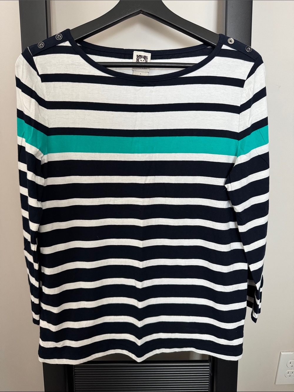 Anne Klein Navy, White & Teal Stripe Long Sleeve Boatneck Top